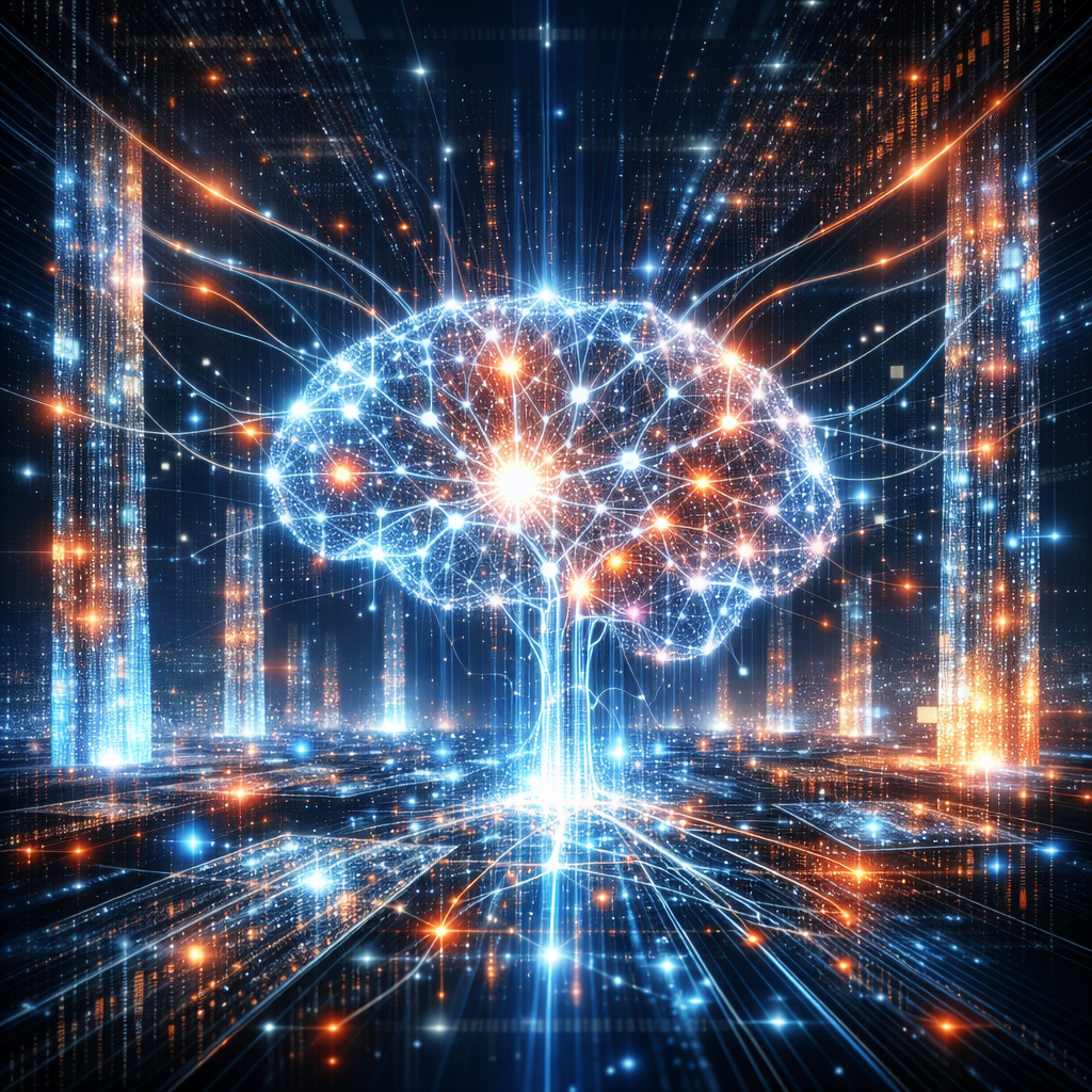 Glowing digital brain with interconnected neural network nodes and data streams