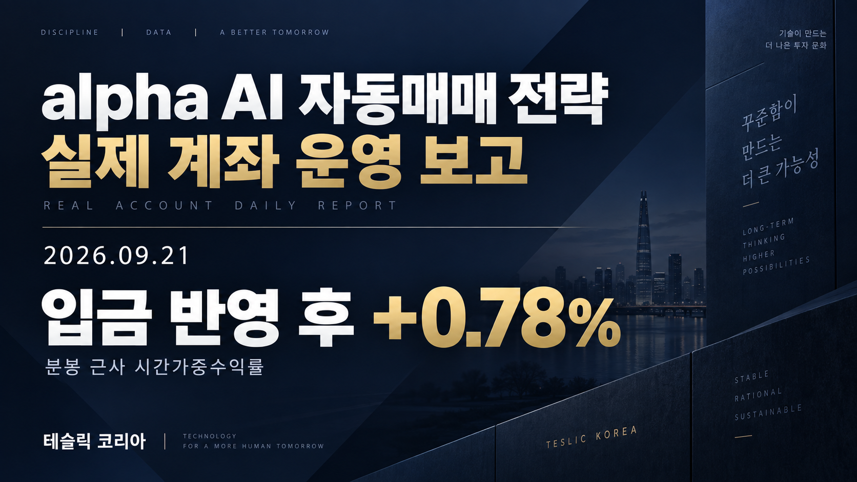 alpha AI 자동매매 전략 실제 계좌 운영 보고 | 2026년 9월 21일 — 입금 반영 후 +0.78% · 분봉 근사 시간가중수익률