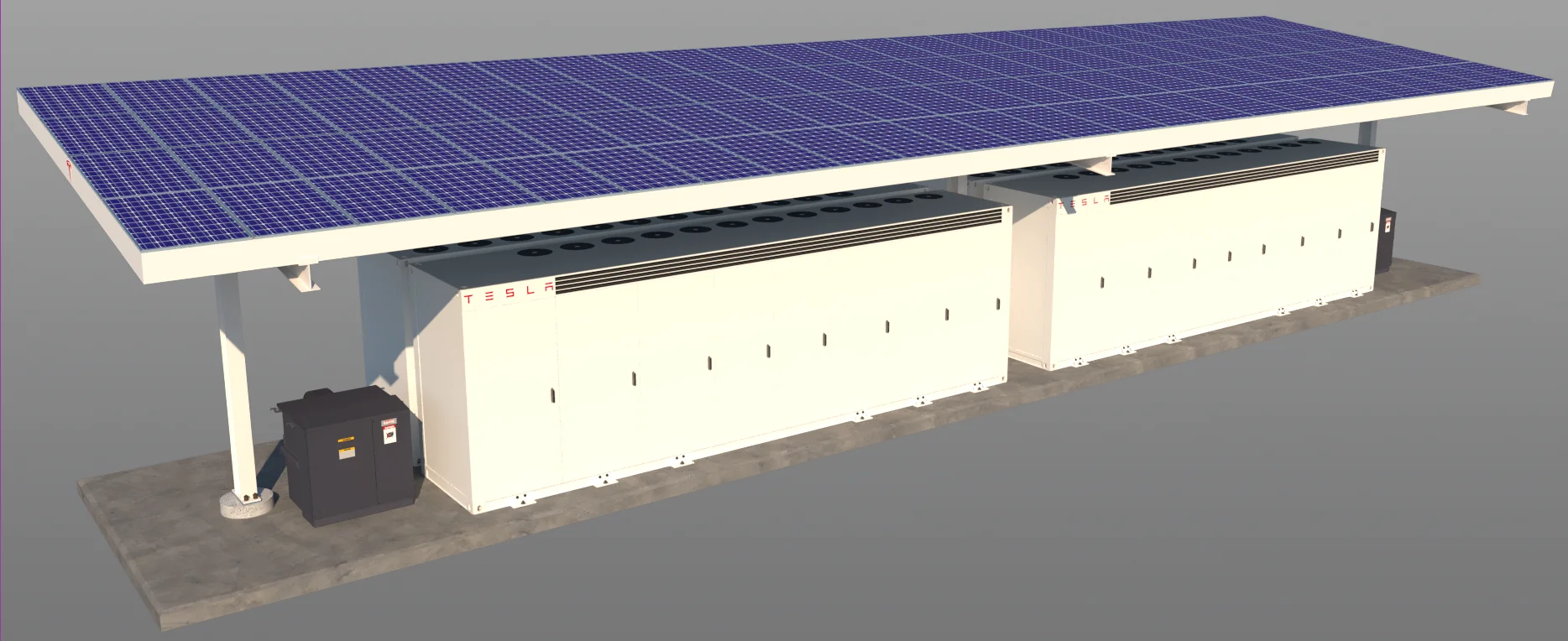 메가팩 네 대와 태양광 지붕을 표현한 2024년 3D 자료 렌더링